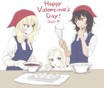  :d andou_(girls_und_panzer) apron arm_rest baking baking_sheet bandana bangs bc_freedom_school_uniform black_hair blonde_hair blue_apron blue_eyes blue_neckwear blush_stickers bowl brown_eyes chocolate commentary dark_skin diagonal_stripes dress_shirt drill_hair eating english frown girls_und_panzer gloves green_eyes happy_valentine highres inumoto kitchen long_hair looking_at_another marie_(girls_und_panzer) medium_hair messy_hair necktie open_mouth oshida_(girls_und_panzer) red_neckwear school_uniform shirt shouting simple_background sleeves_rolled_up smile standing striped striped_neckwear v-shaped_eyebrows valentine whipped_cream whisk white_background white_gloves white_shirt wing_collar 