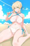  ahoge alternate_breast_size artoria_pendragon_(all) artoria_pendragon_(swimsuit_archer) bare_shoulders barefoot beach bikini blonde_hair blue_sky blush breasts cameltoe cleavage cloud covered_nipples day fate/grand_order fate/stay_night fate_(series) food green_eyes looking_at_viewer navel ocean outdoors pink_crown popsicle sitting sky smile solo swimsuit wariza white_bikini 