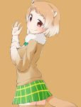  animal_ears black-tailed_prairie_dog_(kemono_friends) bow bowtie cowboy_shot fur_collar heart heart-shaped_pupils highres kemono_friends light_brown_hair long_sleeves menturm1120 multicolored_hair plaid plaid_skirt pleated_skirt prairie_dog_ears prairie_dog_tail red_eyes short_hair skirt solo sweater symbol-shaped_pupils tail thighhighs white_hair zettai_ryouiki 