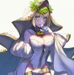  belt blonde_hair breasts cleavage cowboy_shot detached_sleeves elbow_gloves fate/grand_order fate_(series) gloves green_eyes hair_intakes juliet_sleeves leotard lock long_sleeves looking_at_viewer medium_breasts nero_claudius_(bride)_(fate) nero_claudius_(fate)_(all) padlock puffy_sleeves short_hair simple_background sokuse_kienta solo standing veil white white_background white_gloves white_leotard white_sleeves zipper 