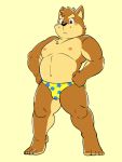  anthro barefoot briefs canine clothed clothing dog kenta_shiba_(character) male mammal musclegut muscular muscular_male navel nipples shiba-kenta shiba_inu simple_background slightly_chubby solo text topless translation_request underwear yellow_background yellow_underwear 