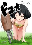  ^_^ arm_support bangs black_hair blurry blurry_background bow_swimsuit closed_eyes commentary dated excel_(shena) facing_viewer girls_und_panzer grass highres holding kneeling leaning_forward mallet motion_blur one-piece_swimsuit open_mouth shadow short_hair smile solo strapless strapless_swimsuit swimsuit tent_peg thigh_gap twitter_username utsugi_yuuki white_background yellow_swimsuit 