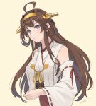  ahoge artist_name bare_shoulders blush breasts brown_hair commentary_request detached_sleeves double_bun eyebrows_visible_through_hair hairband headgear japanese_clothes kantai_collection kongou_(kantai_collection) long_hair nontraditional_miko purple_eyes remodel_(kantai_collection) ribbon-trimmed_sleeves ribbon_trim simple_background solo ueno_(sakumogu-029) 