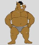  barefoot boar briefs bulge clothed clothing gray_underwear grey_background male mammal navel nipples porcine shiba-kenta simple_background solo takeshi_inoyama text topless translation_request underwear 