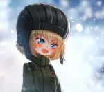  :d bad_id bad_pixiv_id bangs baocaizi blonde_hair blue_eyes blush commentary_request eyebrows_visible_through_hair fang girls_und_panzer green_jacket hair_between_eyes head_tilt helmet highres jacket katyusha long_hair looking_at_viewer military_jacket open_mouth outdoors pravda_military_uniform smile snowing solo v-shaped_eyebrows 