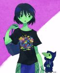  1girl artist_name bag black_hair bracelet breasts casual chibi contemporary green_eyes green_skin hair_between_eyes handbag hands_together hood hoodie jewelry mona_(shovel_knight) necklace open_mouth over_shoulder pants plague_doctor_mask plague_knight purple_background sachy_(sachichy) shirt short_hair short_sleeves shovel_knight signature small_breasts t-shirt two-tone_background upper_body white_background 