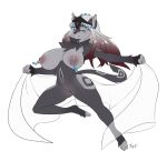  2018 5_fingers anthro areola barefoot big_nipples biped black_hair black_nose breasts digital_media_(artwork) feline female front_view fur gradient_hair grey_fur grey_hair grey_tail hair headdress long_hair looking_at_viewer lynx mammal multicolored_hair nipple_piercing nipples nude piercing pink_nipples pussy signature simple_background smile solo two_tone_hair white_background yogoat z&eacute;phyr 
