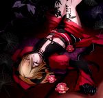  1boy angry animal_ears arms_up bangs bare_legs black_gloves blonde_hair cat_ears cat_tail catboy clenched_teeth commentary crop_top dark english_commentary eyebrows_visible_through_hair eyes_visible_through_hair flower front-tie_top gloves hair_between_eyes indoors konoe lamento legs_up long_sleeves looking_at_viewer lying male_focus o-ring o-ring_top on_back open_mouth orange_eyes otoko_no_ko pink_flower puffy_long_sleeves puffy_sleeves sleeves_past_wrists solo tail tatami teeth toned toned_male v-shaped_eyebrows wide_sleeves 