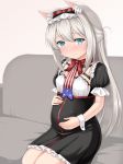  1girl american_flag american_flag_print animal_ear_fluff animal_ears azur_lane bangs black_dress blue_eyes blush bow breasts brown_background cat_ears closed_mouth commentary_request couch dress eyebrows_visible_through_hair fingernails flag_print frilled_dress frills hair_between_eyes hair_bow hammann_(azur_lane) hands_on_stomach highres long_hair nose_blush on_couch pregnant print_neckwear puffy_short_sleeves puffy_sleeves red_bow short_sleeves silver_hair sitting small_breasts smile solo striped striped_bow u2_(5798239) very_long_hair wrist_cuffs 