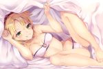  bare_shoulders barefoot blonde_hair blush breasts cleavage commentary_request fate/apocrypha fate_(series) green_eyes legs looking_at_viewer medium_breasts mordred_(fate)_(all) navel nekomiya_noru_(yuduki710) panties pillow short_hair smile solo under_covers underwear underwear_only 