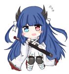  azur_lane bailingxiao_jiu bangs bare_shoulders black_legwear blue_eyes blue_hair blush_stickers bow chibi detached_sleeves dress eyebrows_visible_through_hair fang flying_sweatdrops full_body hair_bow heart heart-shaped_pupils heterochromia holding holding_sheath horns ibuki_(azur_lane) katana long_hair long_sleeves looking_at_viewer open_mouth pleated_dress red_eyes sheath sheathed simple_background solo standing sword symbol-shaped_pupils thighhighs two_side_up very_long_hair weapon white_background white_bow white_dress white_footwear wide_sleeves 