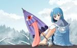  :o alternate_costume arm_on_knee bangs blouse blue_eyes blue_hair blue_skirt blue_sky blush capelet cloud commentary_request day eyebrows_visible_through_hair fingernails forest geta hair_between_eyes heterochromia highres holding holding_umbrella isetan_mashira karakasa_obake knees_up long_sleeves looking_at_viewer nature open_mouth outdoors pleated_skirt red_eyes short_hair sitting skirt sky snow solo tatara_kogasa tongue tongue_out touhou tree_branch umbrella white_blouse 