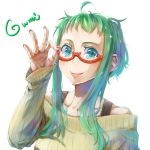  ahoge bad_id bad_twitter_id bare_shoulders blue_eyes bra_strap character_name commentary_request fingernails glasses green_hair gumi hand_up jaco lensless_glasses long_sleeves looking_at_viewer nail_polish off_shoulder red-framed_eyewear red_nails ribbed_sweater semi-rimless_eyewear short_hair_with_long_locks sidelocks simple_background sleeves_past_wrists smile solo sweater under-rim_eyewear vocaloid white_background yellow_sweater 