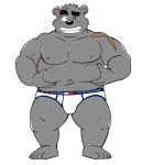  barefoot bear briefs bulge clothed clothing daigo_kumano holding_stomach male mammal navel nipples one_eye_closed open_mouth shiba-kenta shiba_kenta simple_background solo teeth text tighty_whities topless translation_request underwear white_background white_underwear 