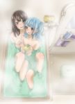  absurdres bang_dream! bangs bath_stool bathing bathroom bathtub black_hair blu_duel blue_hair collarbone commentary_request eyebrows_visible_through_hair hair_ornament hairclip highres holding light_blue_hair matsubara_kanon multiple_girls nagon_(nagonago_na) nude okusawa_misaki one_side_up open_mouth partially_submerged purple_eyes rubber_duck shampoo_bottle shared_bathing shower_head smile sponge steam stool water yuri 