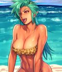  animal_print bandeau bare_arms bare_shoulders beach blue_sky breasts brown_eyes cleavage cloud collarbone commentary_request day fang green_hair horizon large_breasts lens_flare leopard_print long_hair looking_away navel ocean ogami oni oni_horns open_mouth orange_skin original outdoors pointy_ears shiny shiny_skin sidelocks sky solo spiked_hair stomach toned tongue tongue_out wet 