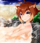  animal_ears antenna_hair blazblue breasts brown_hair chukachuka hair_between_eyes large_breasts looking_at_viewer makoto_nanaya onsen orange_eyes partially_submerged short_hair smile squirrel_ears squirrel_girl steam upper_body 