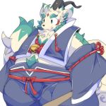  2019 agyou anthro belly clothing cute_fangs h_rin0u0 komainu male overweight overweight_male pants simple_background solo tokyo_afterschool_summoners video_games white_background 