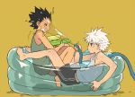  bare_arms bare_legs bare_shoulders barefoot black_hair brown_eyes camisole closed_eyes commentary_request food from_side full_body gon_freecss holding hose hunter_x_hunter killua_zoldyck looking_at_another male_focus mouth_hold multiple_boys open_mouth popsicle short_hair shorts simple_background spiked_hair toes urando wading_pool water water_gun wet white_hair 