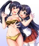  2girls agano_(kantai_collection) animal_print bikini black_hair commentary_request cowboy_shot eye_contact gradient gradient_background green_eyes hug hug_from_behind jacket kantai_collection long_hair looking_at_another multiple_girls one_eye_closed open_mouth pleated_skirt ponytail red_eyes red_skirt sidelocks skirt strapless strapless_bikini swimsuit thighhighs tiger_print track_jacket two-tone_jacket white_background white_legwear yahagi_(kantai_collection) zanntetu 