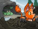  2007 4:3 ambiguous_gender bori_(neopets) brown_eyes cave detailed_background digital_media_(artwork) dirt duo feral fur green_body green_fur jumpstart_games mammal neopet_(species) neopets official_art orange_body orange_fur outside plant shell sleeping snow tail tail_tuft the_neopets_team tree tuft 