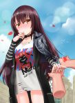  ass_visible_through_thighs bangs bird black_choker black_coat black_jacket blue_sky blush brown_eyes brown_hair character_name choker closed_mouth clothes_writing cloud collarbone day disembodied_limb girls_frontline glint hair_between_eyes hand_to_own_mouth hand_up highres jacket jacket_on_shoulders jewelry leather leather_jacket long_hair long_sleeves nose_blush note2000 nz_75_(girls_frontline) outdoors panties petals print_shirt red_panties ring shirt sky solo_focus striped striped_sleeves torn_clothes torn_shirt underwear very_long_hair wedding_band white_shirt 