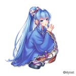  blue_eyes blue_hair blush bow cao_(sangoku_infinity) full_body hair_bow hair_ornament hands_together highres japanese_clothes kimono long_hair looking_at_viewer official_art open_mouth otosume_ruiko ponytail sandals sangoku_infinity sidelocks solo squatting watermark white_legwear wide_sleeves 