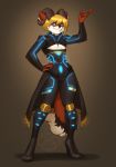  absurd_res anthro armor blonde_hair blue_eyes bodysuit canine caprine cleavage_cutout clothing footwear fox fur futuristic girly glowing hair hi_res high_heels horn jumpsuit kittydee looking_at_viewer machine male mammal orange_fur power_armor raiko_amani science_fiction shoes skinsuit smile suit tight_clothing 