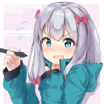  absurdres bad_id bad_pixiv_id bangs blue_hair blue_jacket blush bow character_name collarbone commentary_request eromanga_sensei eyebrows_visible_through_hair fang flying_sweatdrops hair_between_eyes hair_bow hands_up highres holding holding_stylus izumi_sagiri jacket long_hair long_sleeves looking_at_viewer nose_blush ohshit open_mouth revision silver_hair sitting sleeves_past_wrists solo stylus track_jacket v-shaped_eyebrows very_long_hair wariza 