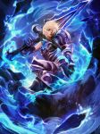  alternate_costume armor black_gloves blonde_hair blue_eyes blue_fire championship_riven clenched_hand commentary fire full_armor gauntlets gloves hair_over_one_eye highres league_of_legends lips muju nose over_shoulder riven_(league_of_legends) short_hair solo sword sword_over_shoulder weapon weapon_over_shoulder 