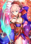  &gt;:) arm_up asymmetrical_hair autumn_leaves bangs bare_shoulders blue_eyes blue_kimono breasts cleavage closed_mouth commentary_request detached_sleeves dual_wielding earrings eyebrows_visible_through_hair fate/grand_order fate_(series) glowing glowing_sword glowing_weapon gogatsu_fukuin hair_ornament highres holding holding_sword holding_weapon japanese_clothes jewelry katana kimono leaf light_brown_hair long_hair long_sleeves magatama maple_leaf medium_breasts miyamoto_musashi_(fate/grand_order) navel navel_cutout obi sash sheath short_kimono sidelocks sleeveless sleeveless_kimono smile solo sword unsheathed v-shaped_eyebrows weapon wide_sleeves 