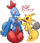  2018 blue_fur breasts combusken dialogue digital_media_(artwork) duo elpatrixf english_text fak&eacute;mon female fur horsea humor hybrid looking_at_another nintendo nipples pok&eacute;mon pok&eacute;mon_(species) pok&eacute;mon_fusion poking pussy red_eyes red_fur red_sclera scales standing text video_games yellow_scales 