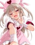 &gt;_&lt; :d apron bandaged_arm bandages blurry blurry_foreground blush bunny_hair_ornament center_frills commentary_request depth_of_field fang fingernails frills hair_ornament half-closed_eyes hand_to_own_mouth hand_up hat head_tilt heart heart-shaped_pupils heavy_breathing highres kure_masahiro light_brown_hair long_hair looking_at_viewer natori_sana nurse_cap open_mouth pink_apron pink_hat pleated_skirt puffy_short_sleeves puffy_sleeves red_eyes sana_channel shirt short_sleeves sidelocks simple_background skirt smile solo symbol-shaped_pupils two_side_up very_long_hair virtual_youtuber white_background white_shirt white_skirt 