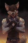  2018 5_fingers anthro canine clothed clothing digital_media_(artwork) fur grey_fur implied_fire jackal koul looking_at_viewer male mammal purple_eyes shirt simple_background solo tank_top 