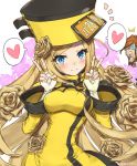  1girl beard blonde_hair blue_eyes blush breasts brown_hair closed_mouth double_v eyebrows_visible_through_hair facial_hair fingerless_gloves gloves guilty_gear guilty_gear_xrd heart highres large_breasts long_sleeves looking_at_another looking_at_viewer millia_rage monocle short_hair slayer_(guilty_gear) smile speech_bubble spoken_heart sweatdrop tansan_daisuki v white_gloves 