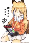  animal_ears bow bowtie coat commentary_request eyebrows_visible_through_hair ezo_red_fox_(kemono_friends) fox_ears fox_tail fur_trim gloves handheld_game_console highres holding_handheld_game_console japari_symbol kemono_friends long_hair long_sleeves multicolored_hair necktie nintendo_switch orange_hair pantyhose partially_translated pleated_skirt sitting skirt solo tail translation_request wariza white_hair yunekoko 