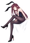  absurdres animal_ears bangs bare_shoulders black_legwear blush breasts bunny_ears bunnysuit cleavage closed_mouth coffeedog collarbone commentary detached_collar eyebrows_visible_through_hair full_body girls_frontline high_heels highres long_hair looking_at_viewer medium_breasts one_side_up pantyhose purple_hair red_eyes simple_background sitting solo wa2000_(girls_frontline) white_background wrist_cuffs 