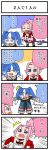 2girls 4koma apron bangs bkub_duck blue_coat blue_eyes blue_hair blunt_bangs blush bow closed_eyes comic commentary emphasis_lines eyebrows_visible_through_hair fakkuma fei_fakkuma fictional_persona final_fantasy final_fantasy_xiv hair_bow heart heart_necklace holding holding_lance holding_weapon lalafell lance looking_down multicolored_hair multiple_girls open_mouth pink_hair pointy_ears polearm red_shirt scholar_(final_fantasy) scrunchie shirt short_hair shouting sidelocks simple_background speech_bubble sweatdrop talking translated twintails two-tone_background two-tone_hair two_side_up weapon white_hair white_scrunchie 