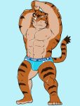  barefoot blue_background blue_underwear briefs clothed clothing feline kotetsu_oshima male mammal muscular muscular_male navel nipples one_eye_closed shiba-kenta simple_background solo text tiger topless translation_request underwear 
