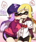  2girls ^_^ arms_behind_back bangs baseball_cap bike_shorts black_shorts blonde_hair blunt_bangs blush cheek_kiss closed_eyes closed_mouth cowboy_shot ear_blush eromame facing_another hand_on_another's_shoulder hat heart inkling inkling_(language) jacket kiss leaning leaning_forward long_hair long_sleeves multiple_boys multiple_girls nose_blush pointy_ears purple_hair purple_hat shorts smile splatoon_(series) splatoon_1 spoken_blush spoken_heart standing suction_cups tentacle_hair thigh_gap track_jacket twitter_username yuri yuridanshi 