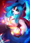  2018 5_fingers anthro black_nose blue_hair breasts canine clothed clothing digital_media_(artwork) eyelashes female hair heterochromia looking_at_viewer mammal navel nitricacid solo 