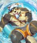  2018 abs absurd_res anthro biceps black_nose booboo34 canine clothing dog fur garmr hi_res male mammal muscular muscular_male nipples open_mouth pecs simple_background solo swimsuit tokyo_afterschool_summoners tongue water 