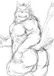 2013 barazoku black_and_white canine half_portrait kemono kotobuki looking_back male mammal monochrome muscular nude obese overweight simple_background sketch solo standing white_background wolf 