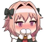  astolfo_(fate) black_bow blush bow braid cape chibi chinese covering_mouth dyxm fate_(series) fur-trimmed_cape fur_trim gloves hair_bow hair_intakes long_hair male_focus no_nose otoko_no_ko pink_eyes pink_hair single_braid solo white_background white_gloves 