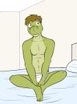  alligator anthro barefoot bed bedroom briefs brown_eyes brown_hair clothed clothing crocodilian fuze gabrielgator hair inside male navel nipples pillow reptile scalie sitting solo teeth tighty_whities topless underwear white_underwear 