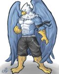  abs anthro avian beak biceps big_muscles bird blue_feathers clothed clothing falcon feathers looking_at_viewer male manly muscular muscular_male open_mouth pecs phoom shorts solo topless 