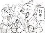  &quot;honest&quot;_john_foulfellow 2018 anthro black_nose br&#039;er_fox canine clothed clothing disney fox fur hat hi_res japanese_text male mammal monochrome nick_wilde pinocchio simple_background sketch song_of_the_south text uochandayo zootopia 
