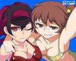  2girls alisa_(girls_und_panzer) asymmetrical_docking bikini black_hair blue_background breast_press breasts brown_eyes brown_hair bug centipede cleavage covered_nipples dated freckles frown girls_und_panzer girls_und_panzer_ribbon_no_musha green_bikini hair_between_eyes hair_ornament highres large_breasts looking_at_viewer medium_breasts multiple_girls one_eye_closed purple_ribbon reaching_out red_bikini red_eyes ribbon self_shot shiroobi_(whitebeltmaster) short_twintails star star_hair_ornament sweatdrop swimsuit tsuruki_shizuka twintails 