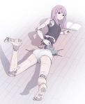  1girl android book highres lying on_floor on_stomach open_book original parts_exposed pink_hair robot_joints shorts soles sukabu tank_top wooden_floor 
