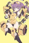  alice_gear_aegis armor bangs bare_shoulders black_gloves black_legwear blade_(galaxist) blush breasts elbow_gloves eyebrows_visible_through_hair fang gloves gun handgun holding holding_gun holding_weapon horns ichijou_ayaka kneehighs leotard looking_at_viewer mecha_musume open_mouth pistol purple_eyes purple_hair small_breasts solo twintails weapon yellow yellow_background 